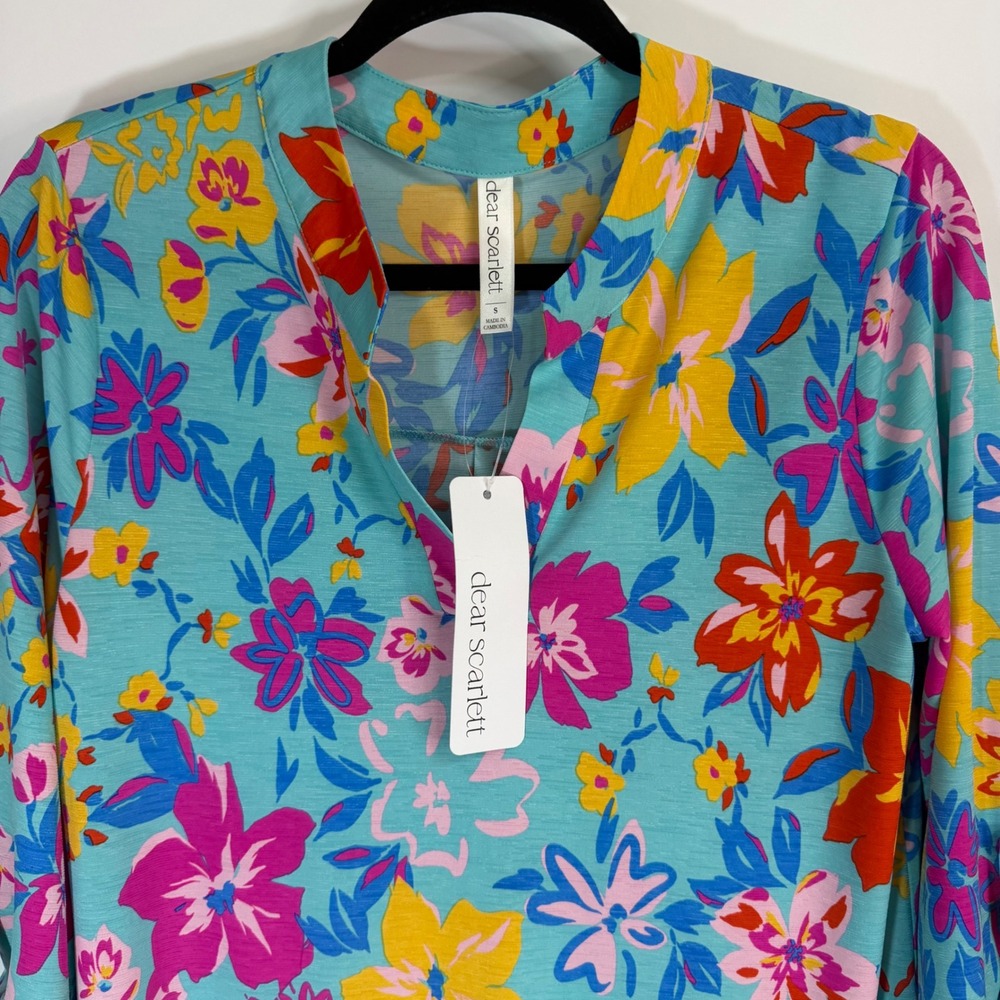 Dear Scarlett Liz Floral Tunic Top Bright Spring Boho 3/4 Roll Tab Sleeve Small - Picture 3 of 11